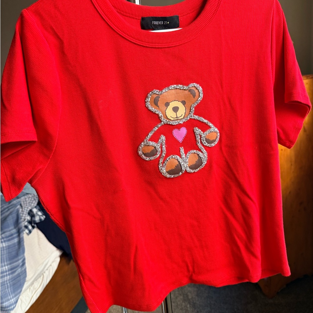 Forever 21 Kids Red Short Sleeve Tee with Teddy Bear Patch